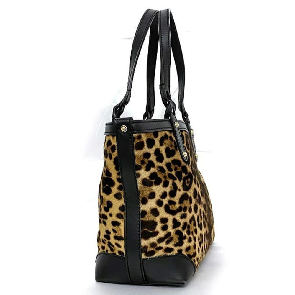 Gucci Tote Handbag Business Black Leopard Brown Hair Bag Animal Calf Beige
